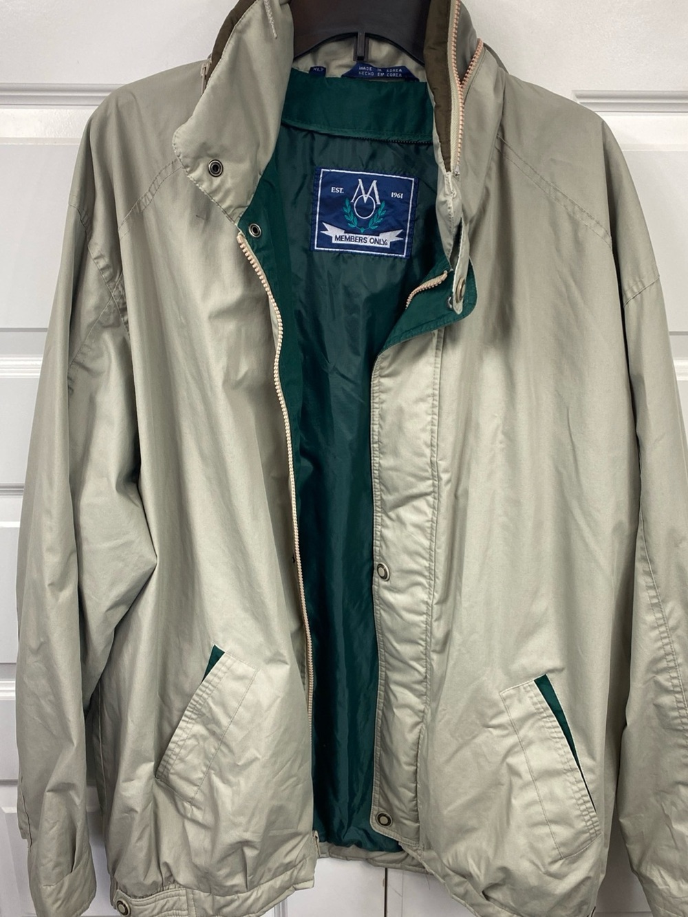 Vintage Members Only Jacket Mens Tan Teal Classic Iconic Bomber Coat XLT Hood